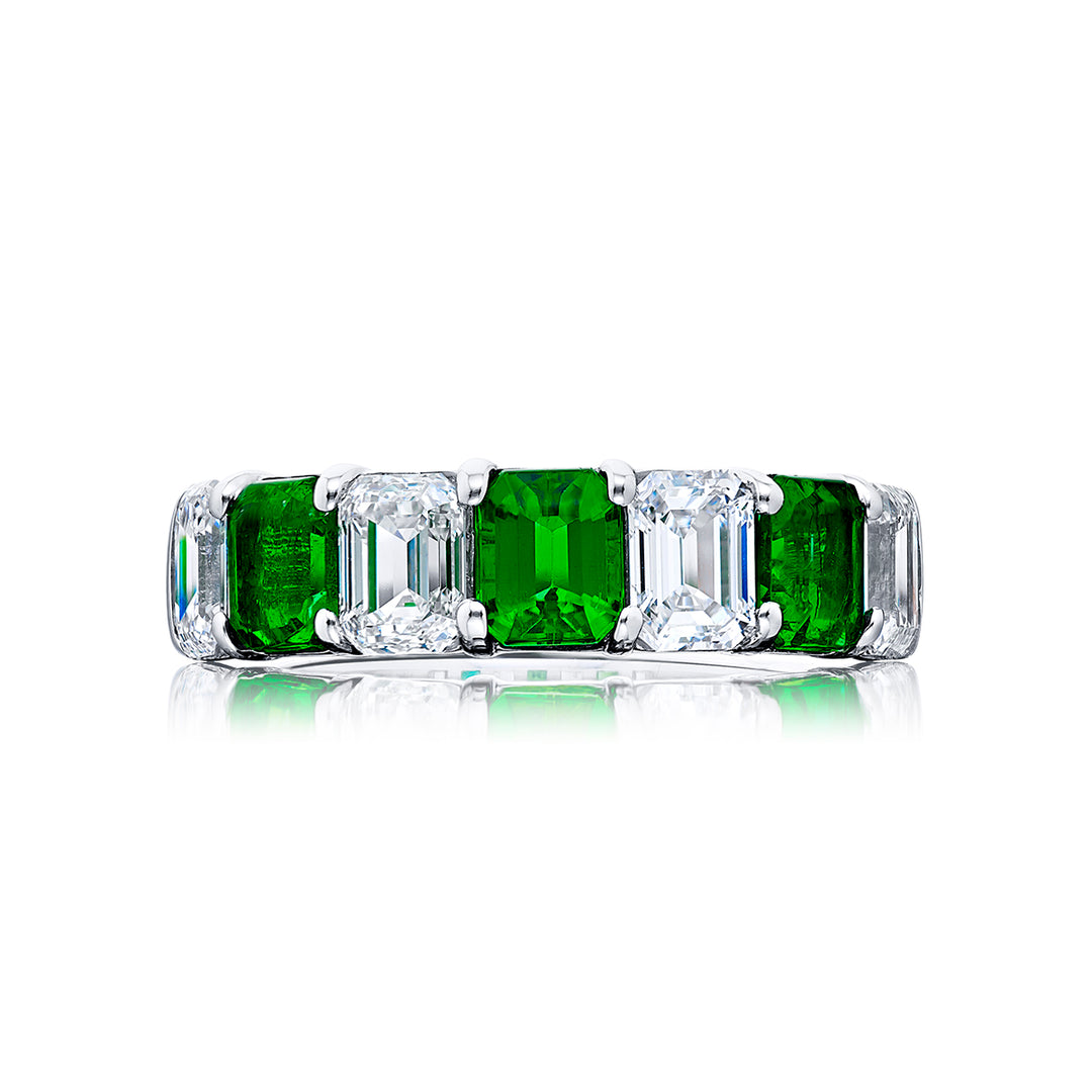 Platinum Emerald-Cut Emerald and Diamond Single-Row Band