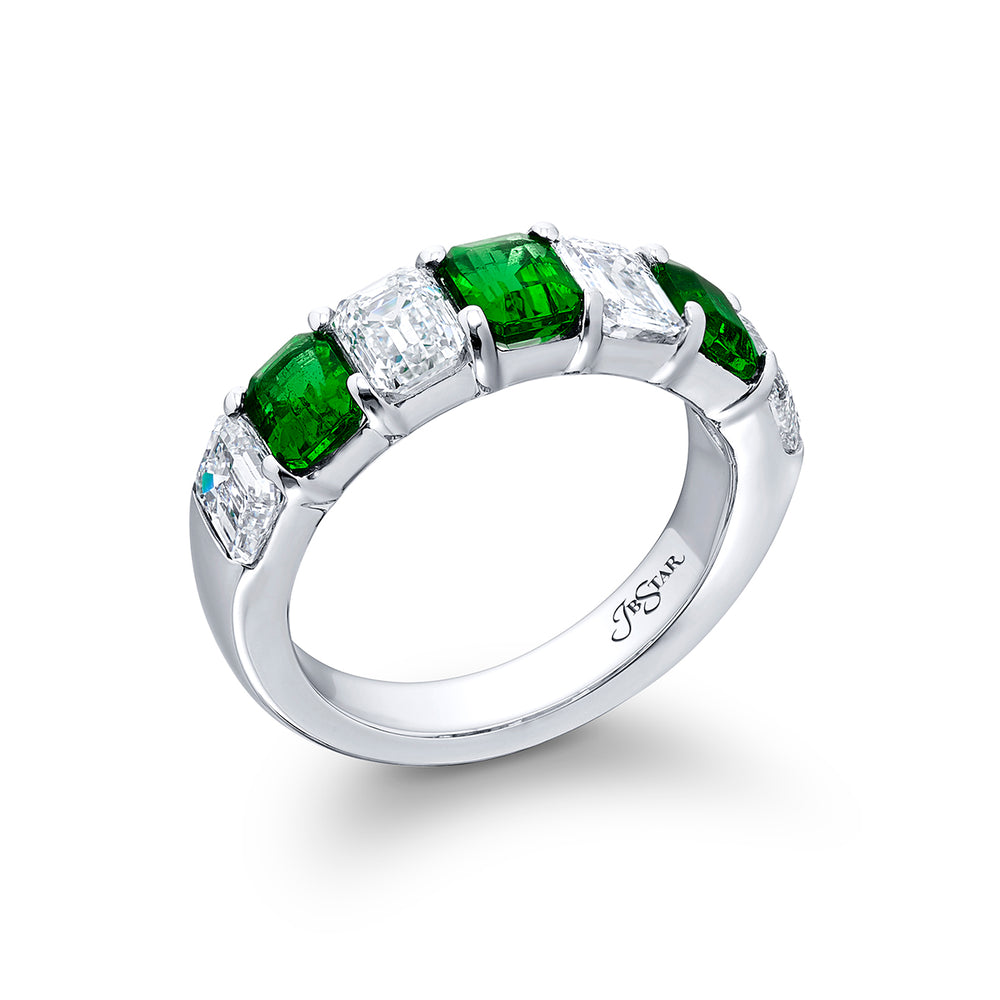 Platinum Emerald-Cut Emerald and Diamond Single-Row Band
