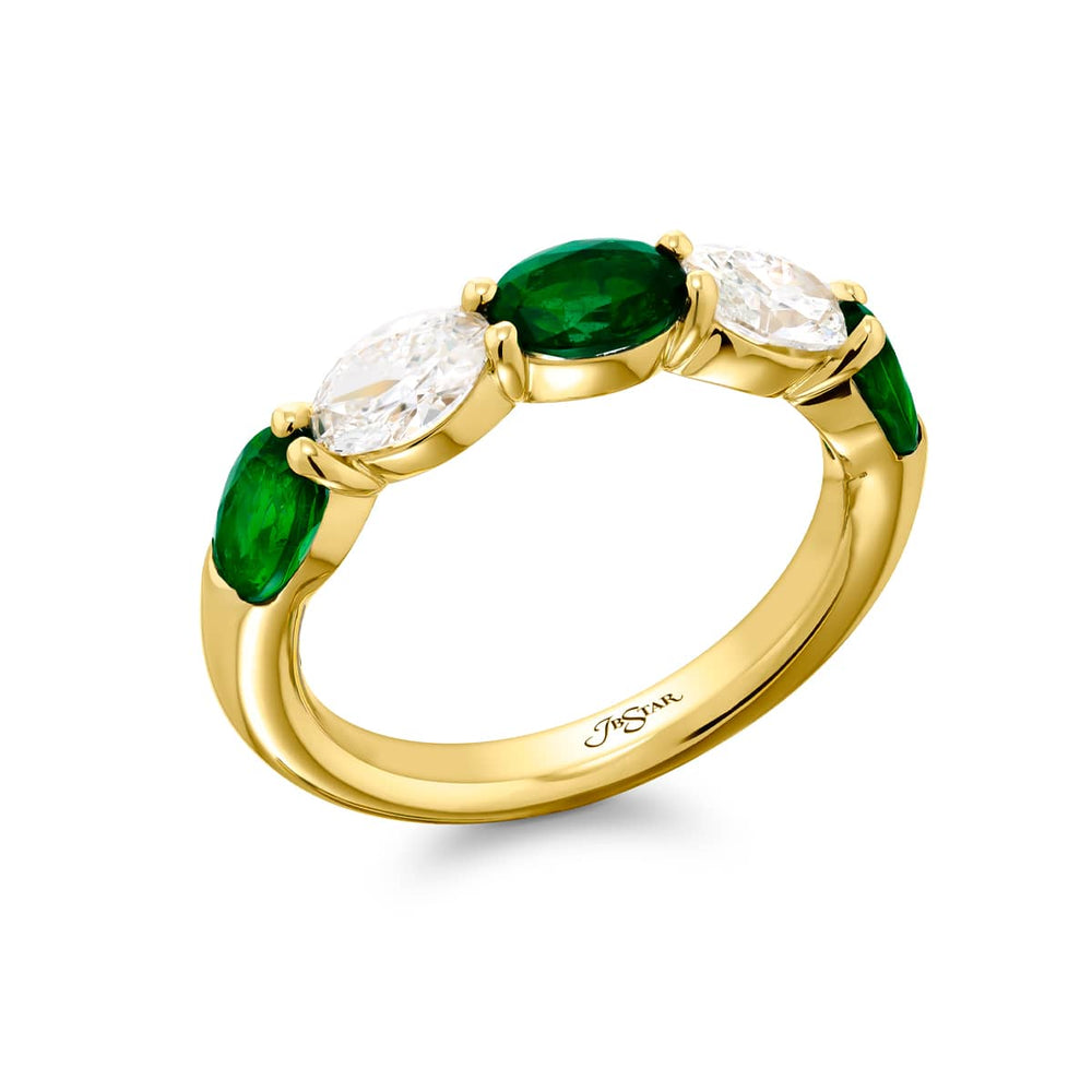18K Yellow Gold Oval Emerald and Diamond East-West Band