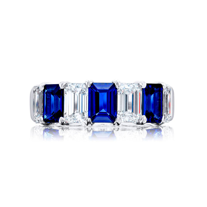 Platinum Emerald-Cut Sapphire and Diamond Band