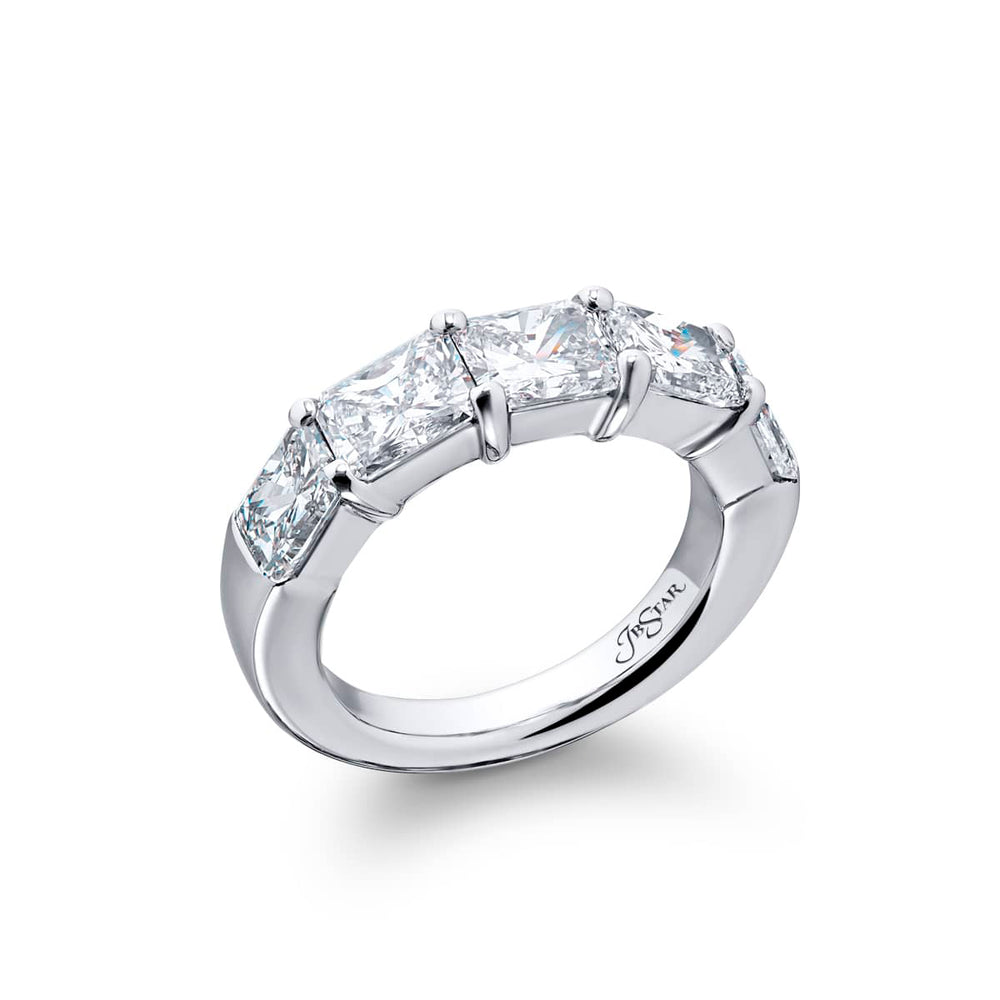 Elegance Elevated: Our classic East-West Diamond Band. These stunning five radiant-cut diamonds are handcrafted in pure platinum.