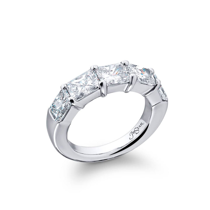 Elegance Elevated: Our classic East-West Diamond Band. These stunning five radiant-cut diamonds are handcrafted in pure platinum.