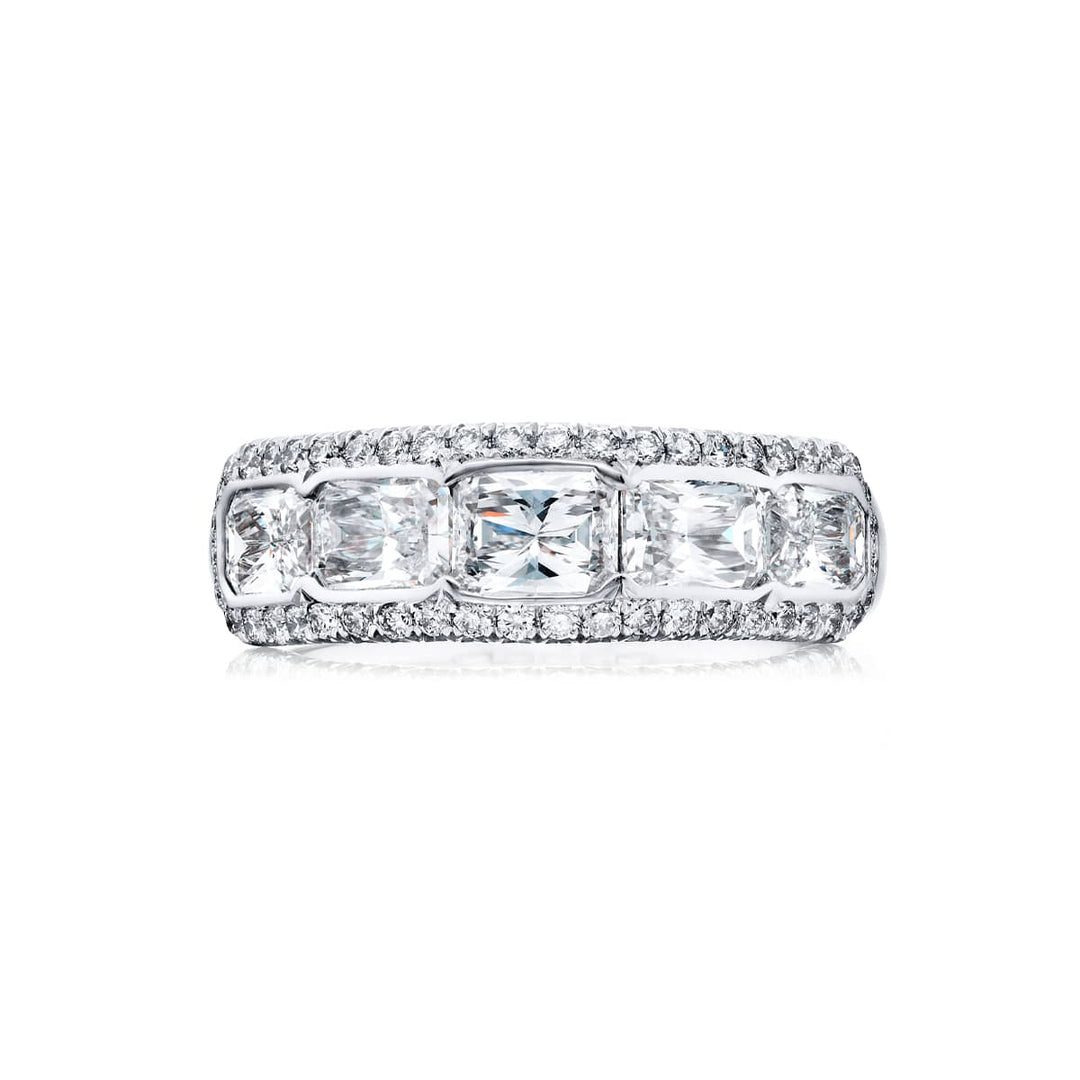 Platinum Radiant-Cut Diamond Single-Row Bezel Set Micro Pave East-West Band