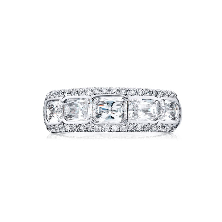 Platinum Radiant-Cut Diamond Single-Row Bezel Set Micro Pave East-West Band