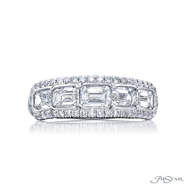 Elegance Elevated: Our classic East-West Bezel Diamond Band. These beautiful emerald-cut diamonds blended with dazzling micro pave diamonds are handcrafted in pure platinum.
