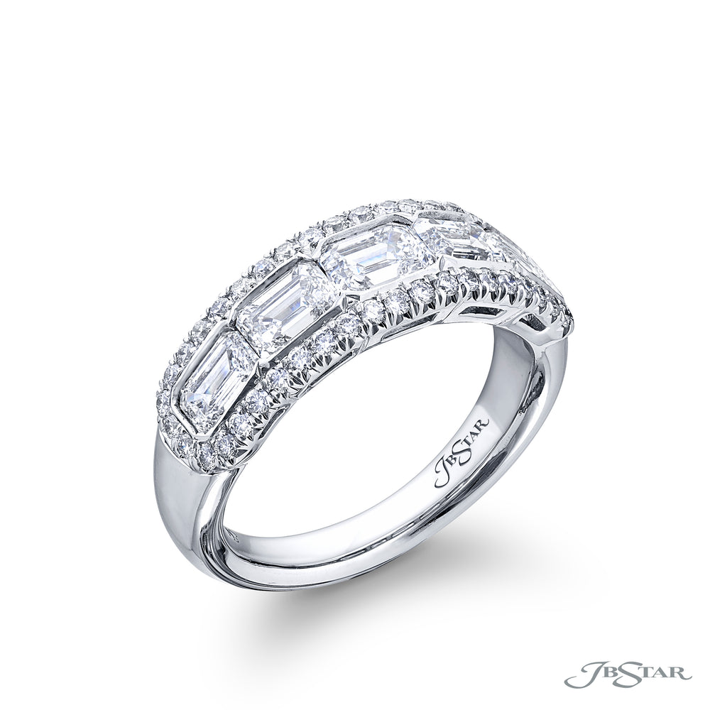 Elegance Elevated: Our classic East-West Bezel Diamond Band. These beautiful emerald-cut diamonds blended with dazzling micro pave diamonds are handcrafted in pure platinum.