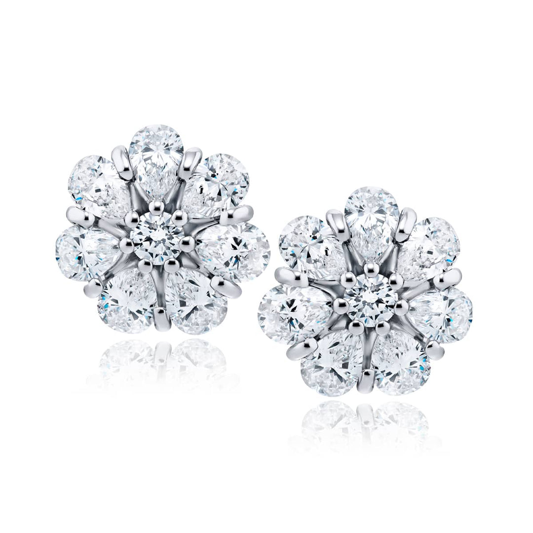 Platinum Round and Pear-Shaped Diamond Floral Stud Earrings