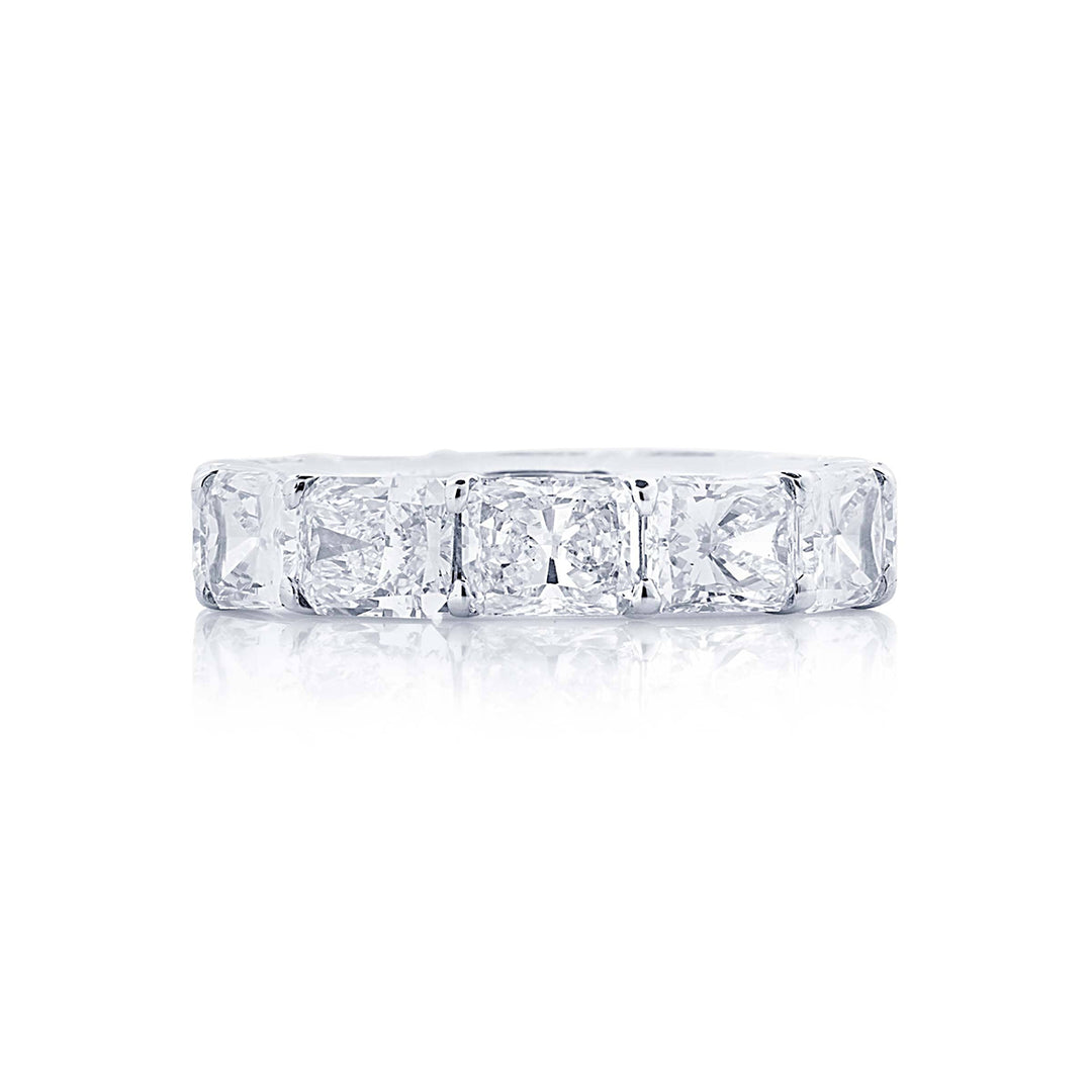 Gorgeous diamond eternity band featuring 12 radiant cut diamonds in a shared prong setting. Handcrafted in pure platinum.