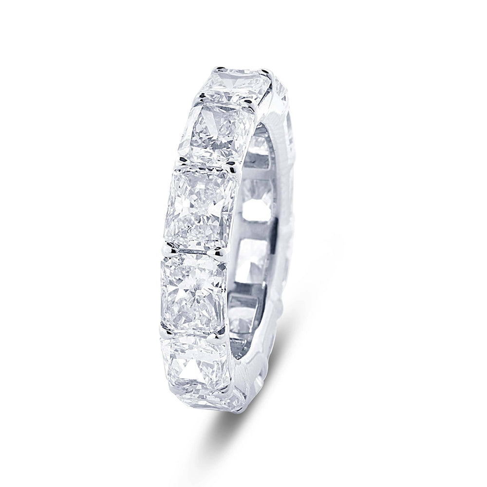 Gorgeous diamond eternity band featuring 12 radiant cut diamonds in a shared prong setting. Handcrafted in pure platinum.