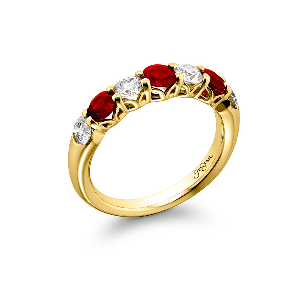 Elegance Elevated: Our classic Ruby and Diamond Band. These beautiful round-cut rubies blended with round-cut diamonds are handcrafted in 18KY gold.