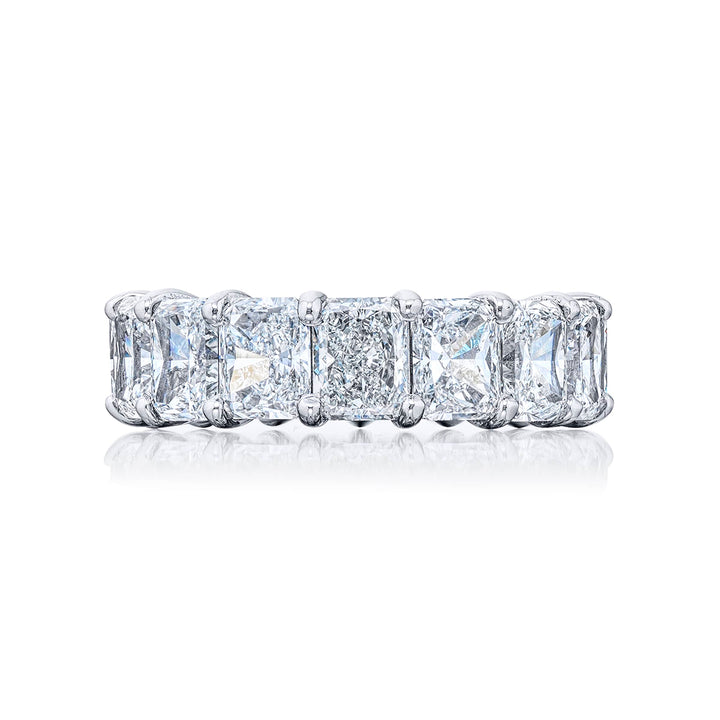 Dazzling diamond eternity band featuring 15 perfectly matched GIA Certified FG/VS radiant cut diamonds in a shared prong setting. Handcrafted in pure platinum.