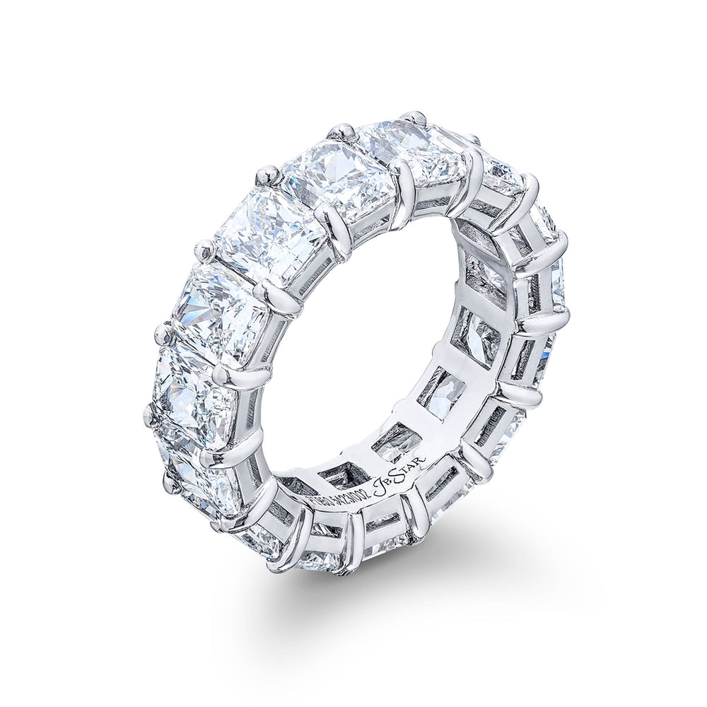Dazzling diamond eternity band featuring 15 perfectly matched GIA Certified FG/VS radiant cut diamonds in a shared prong setting. Handcrafted in pure platinum.