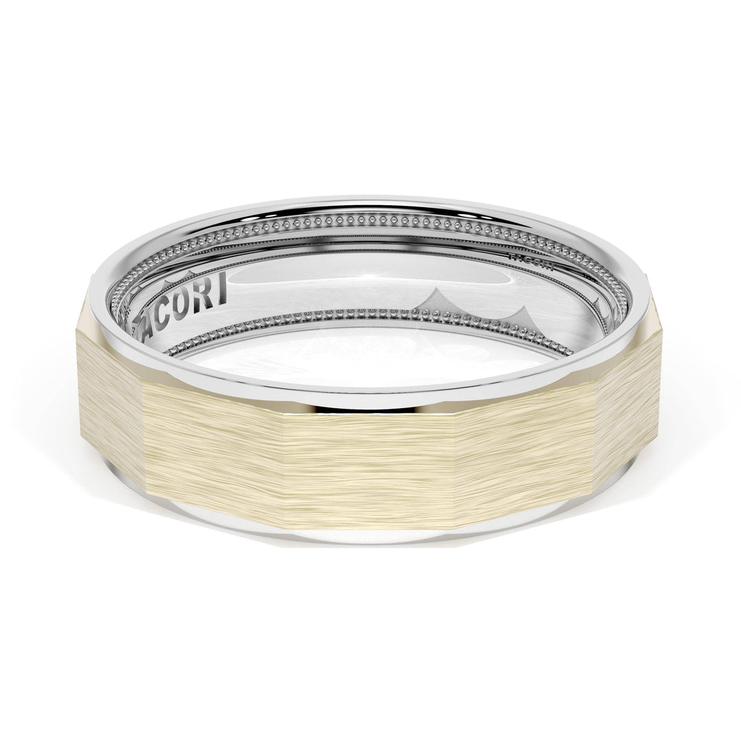 Brush Finish Faceted Wedding Band in 18kt White Gold & 18kt Yellow Gold