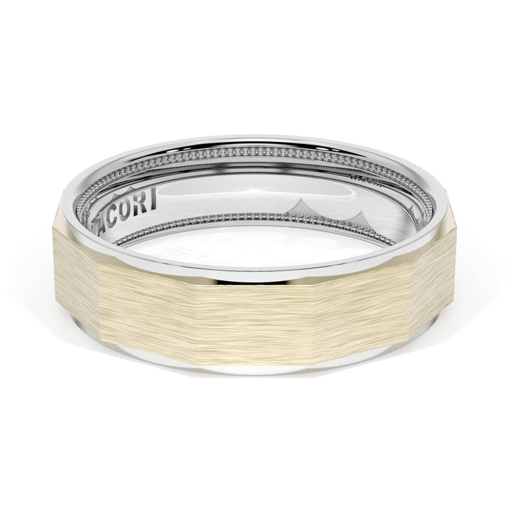 Brush Finish Faceted Wedding Band in 18kt White Gold & 18kt Yellow Gold