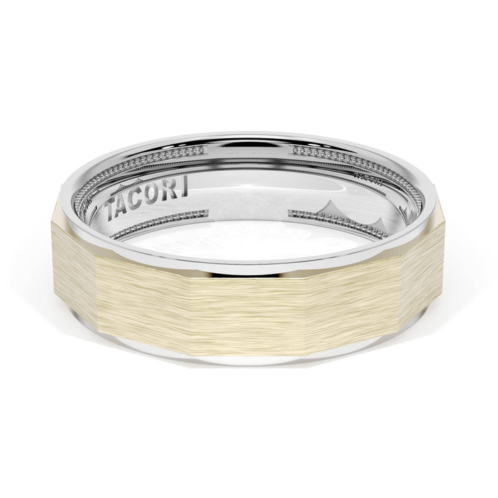 Brush Finish Faceted Wedding Band in 18kt White Gold & 18kt Yellow Gold