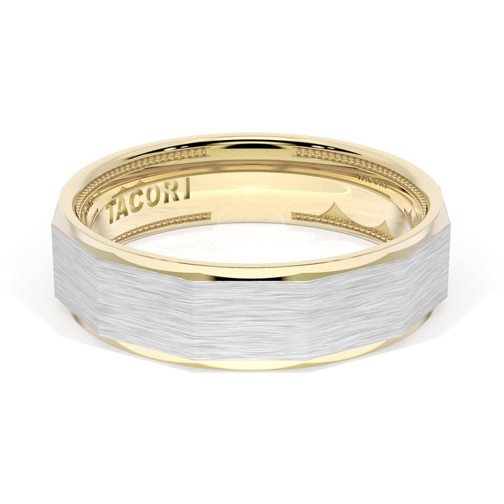 Brush Finish Faceted Wedding Band in 18kt Yellow Gold & 18kt White Gold