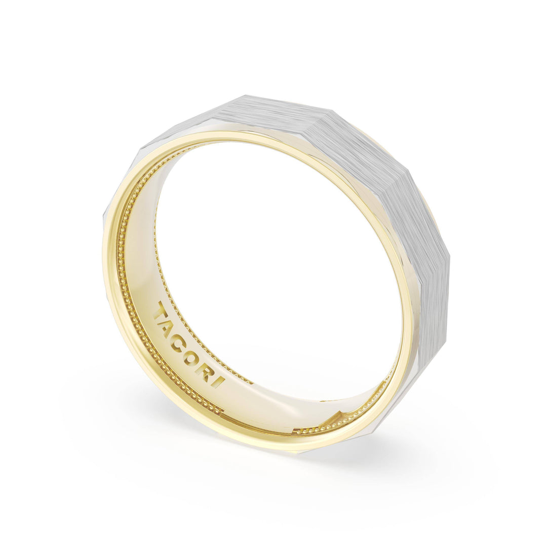 Brush Finish Faceted Wedding Band in 18kt Yellow Gold & 18kt White Gold
