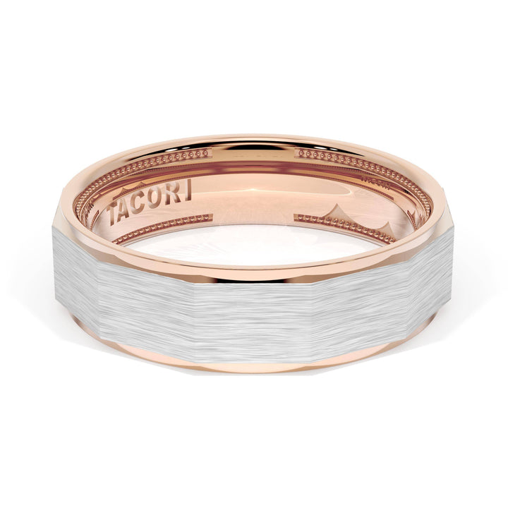 Brush Finish Faceted Wedding Band in 18kt Rose Gold & 18kt White Gold