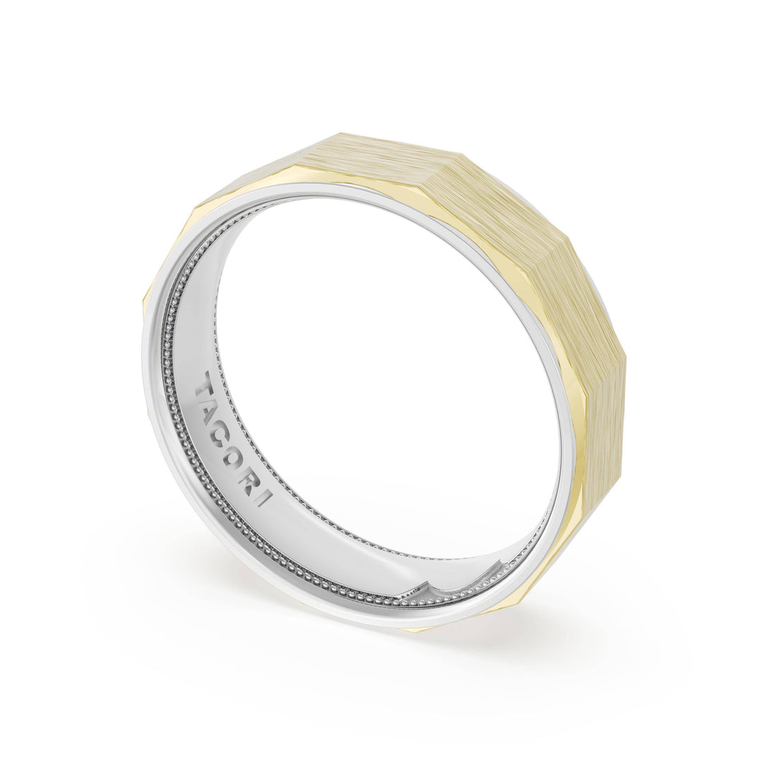 Brush Finish Faceted Wedding Band in Platinum & 18kt Yellow Gold