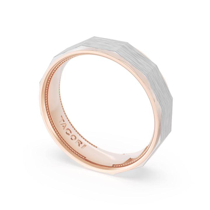 Brush Finish Faceted Wedding Band in 18kt Rose Gold & Platinum