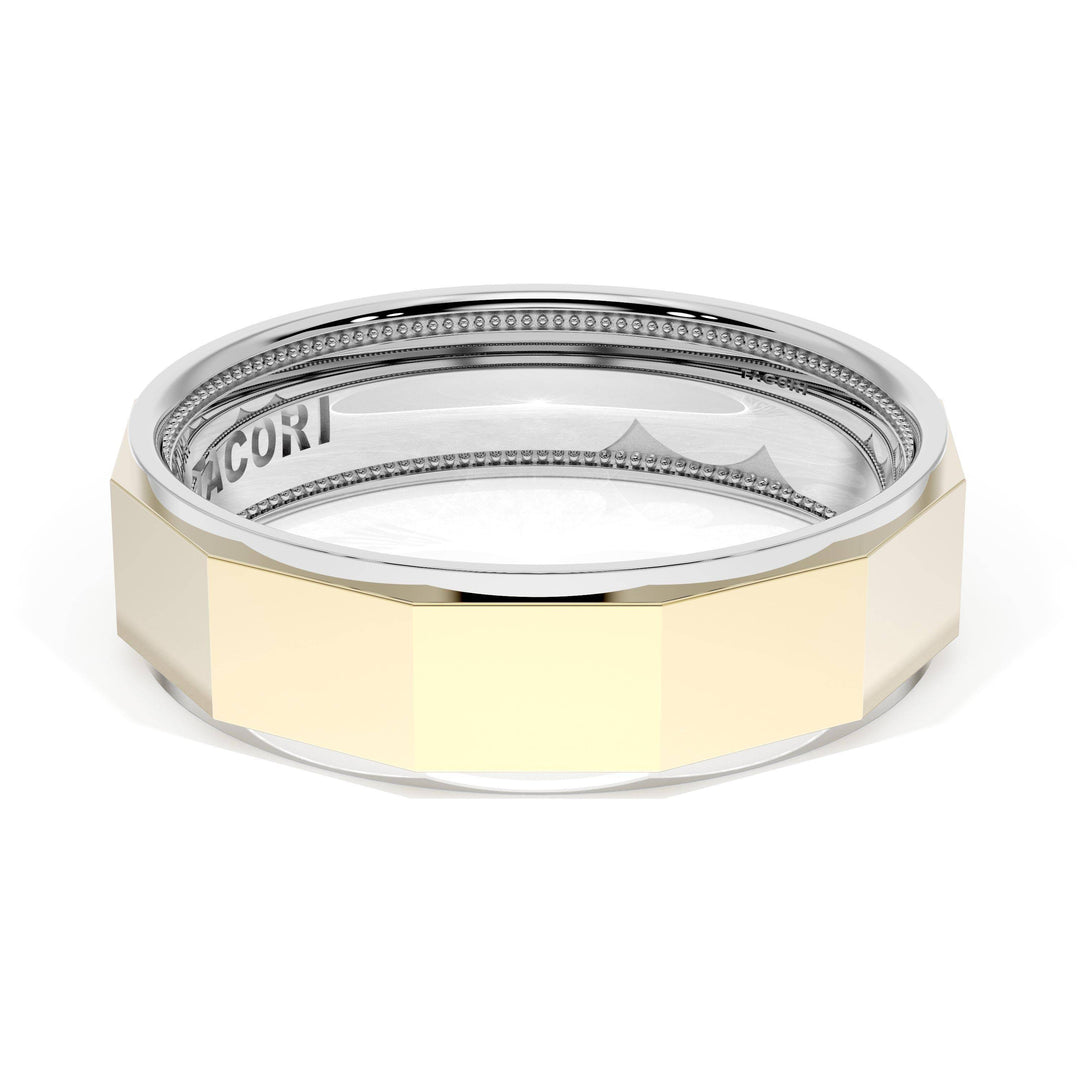 High Polish Finish Faceted Wedding Band in 18kt White Gold & 18kt Yellow Gold