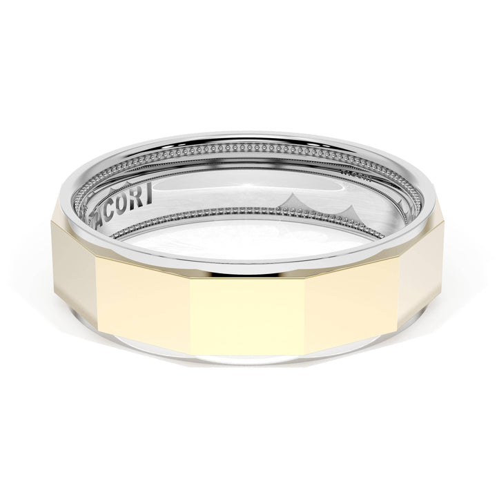 High Polish Finish Faceted Wedding Band in 18kt White Gold & 18kt Yellow Gold