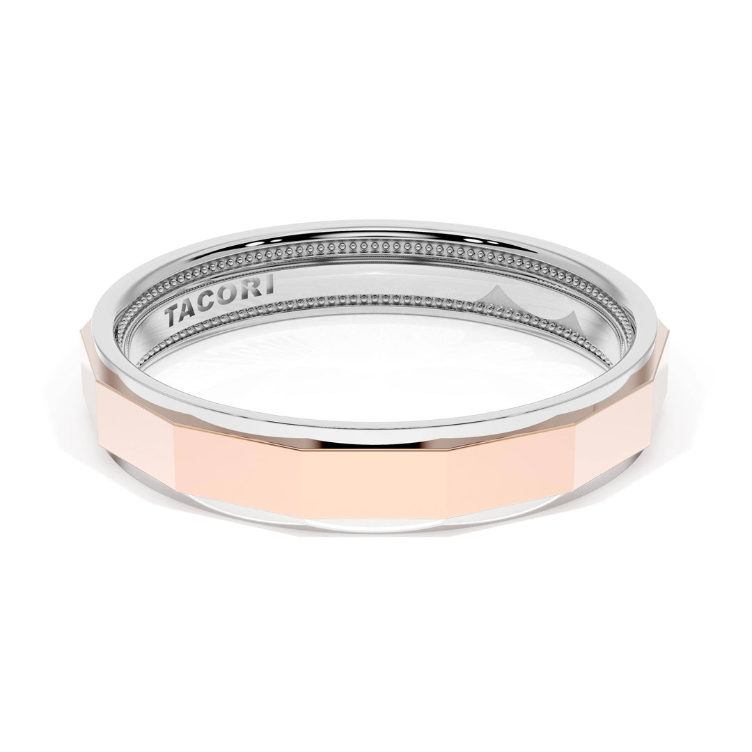 High Polish Finish Faceted Wedding Band in 18kt White Gold & 18kt Rose Gold