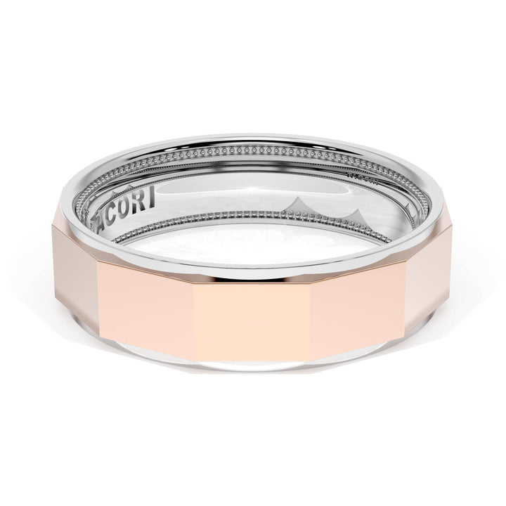 High Polish Finish Faceted Wedding Band in 18kt White Gold & 18kt Rose Gold