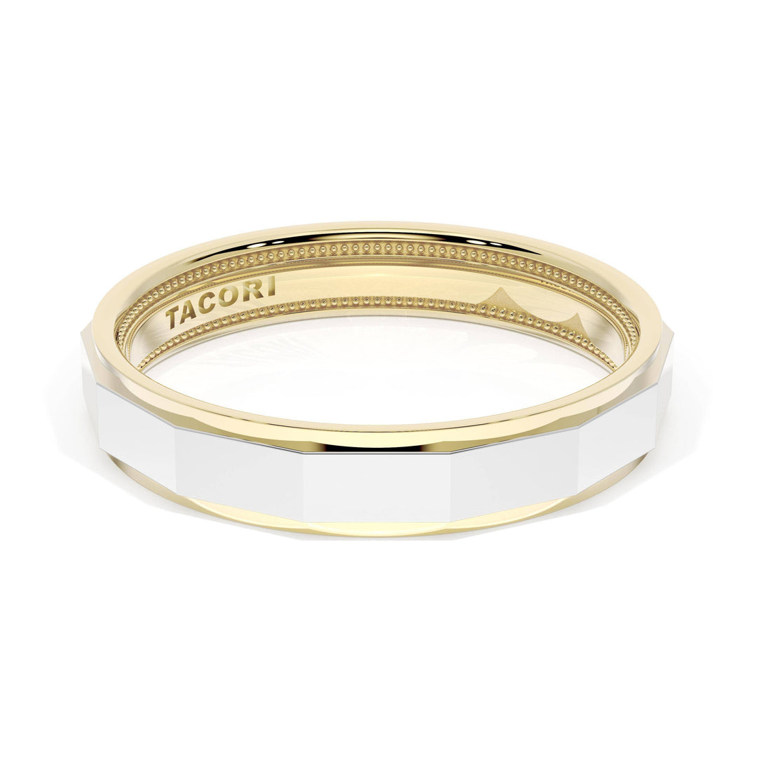 High Polish Finish Faceted Wedding Band in 18kt Yellow Gold & 18kt White Gold