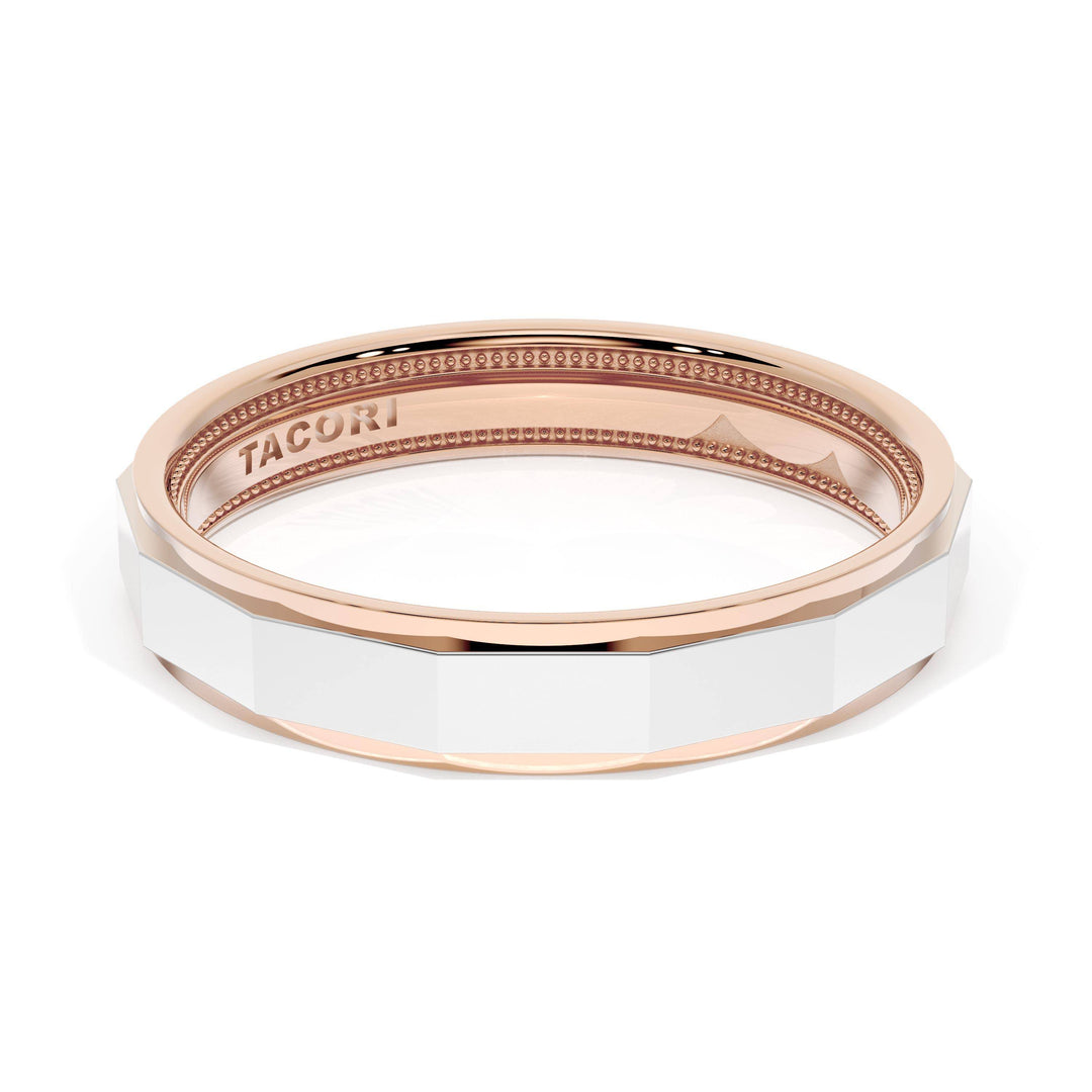 High Polish Finish Faceted Wedding Band in 18kt Rose Gold & 18kt White Gold
