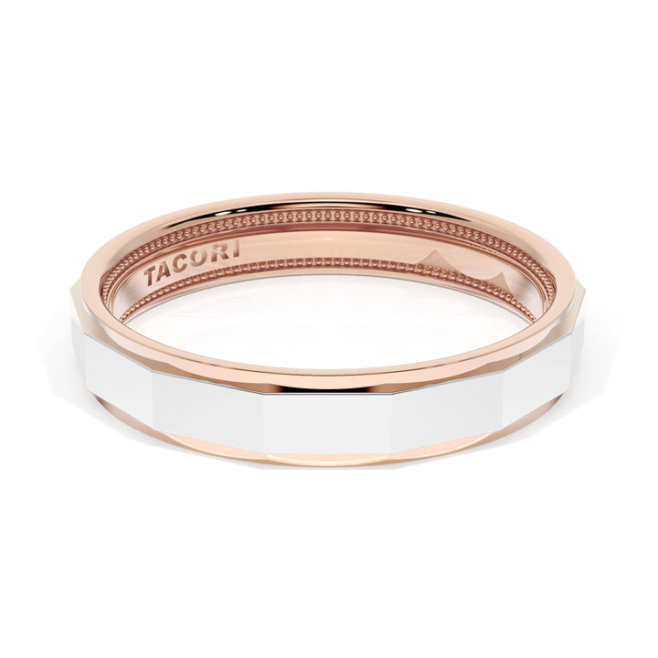 High Polish Finish Faceted Wedding Band in 18kt Rose Gold & 18kt White Gold