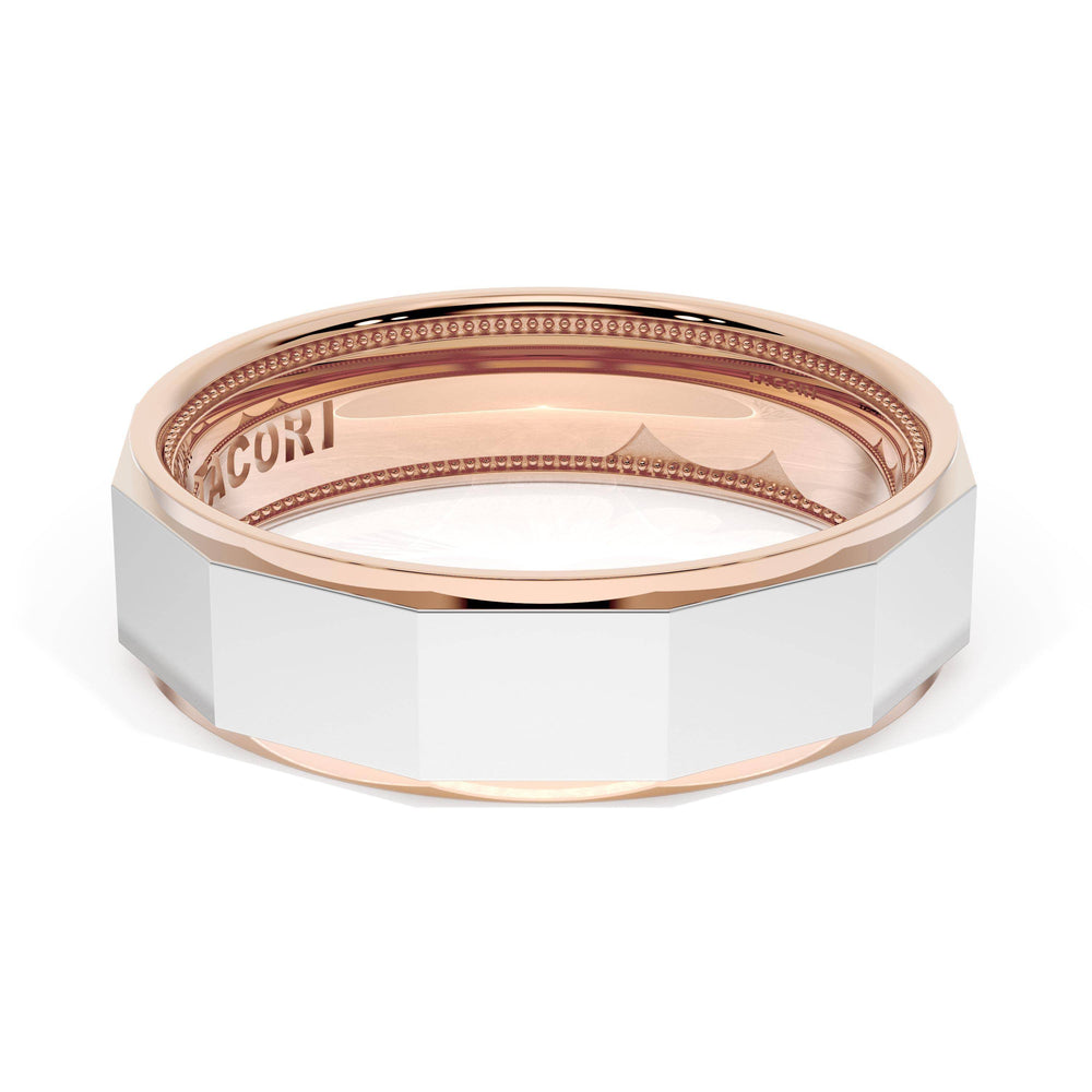 High Polish Finish Faceted Wedding Band in 18kt Rose Gold & 18kt White Gold