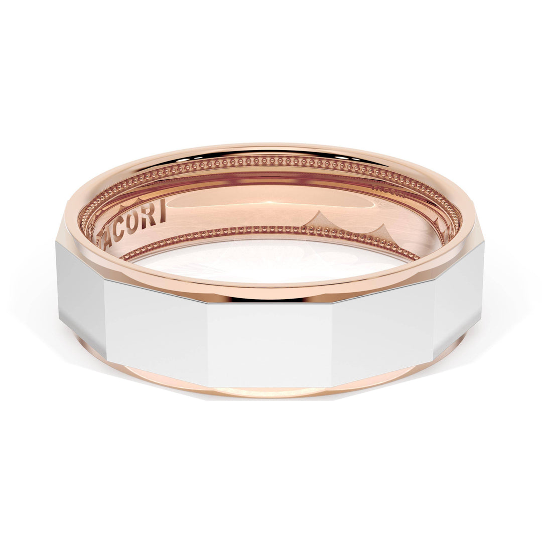 High Polish Finish Faceted Wedding Band in 18kt Rose Gold & 18kt White Gold