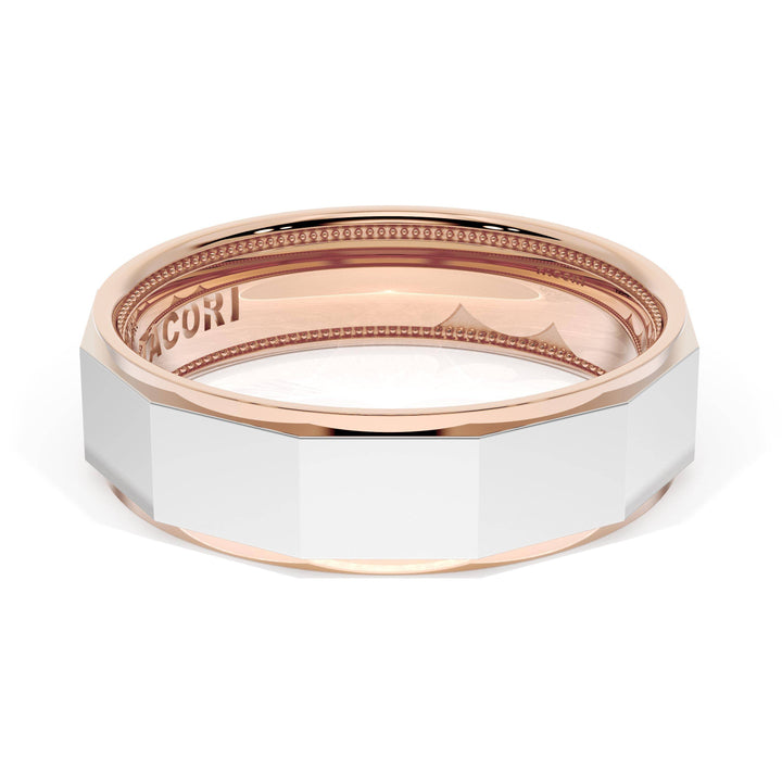 High Polish Finish Faceted Wedding Band in 18kt Rose Gold & 18kt White Gold