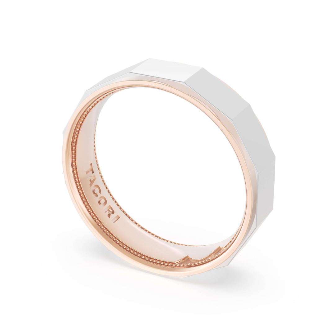 High Polish Finish Faceted Wedding Band in 18kt Rose Gold & 18kt White Gold