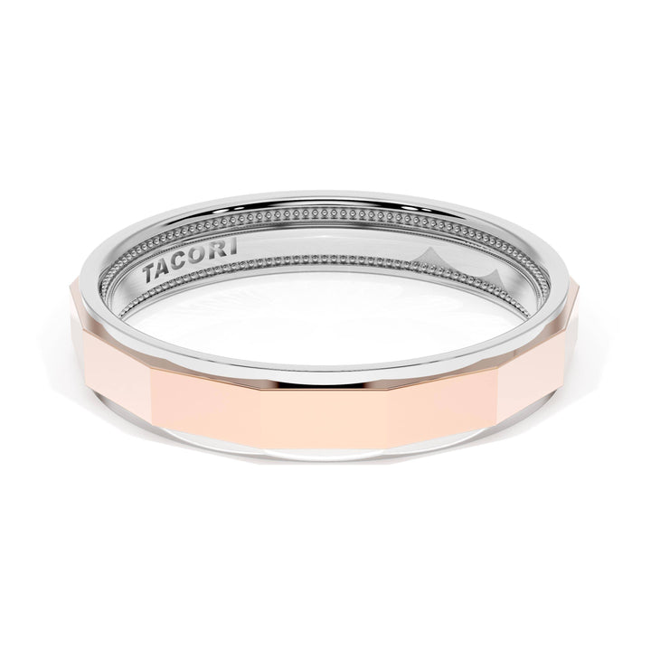 High Polish Finish Faceted Wedding Band in Platinum & 18kt Rose Gold