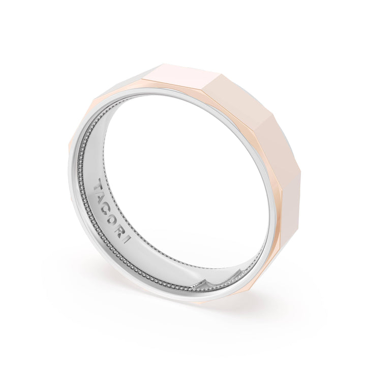 High Polish Finish Faceted Wedding Band in Platinum & 18kt Rose Gold