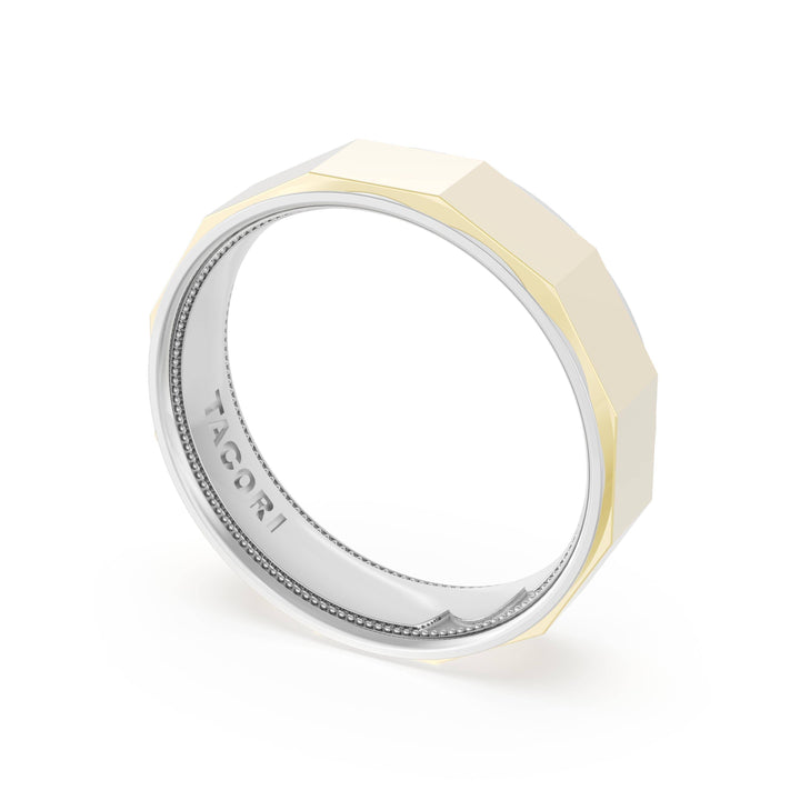 High Polish Finish Faceted Wedding Band in Platinum & 18kt Yellow Gold