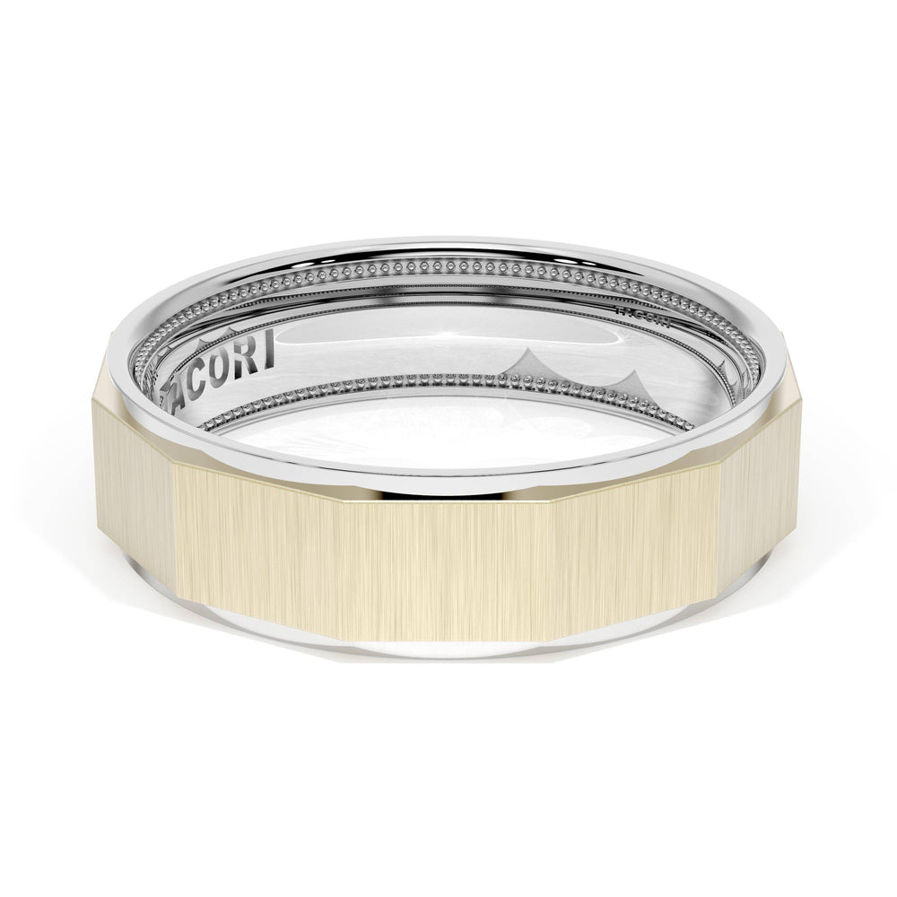 Satin Finish Faceted Wedding Band in 18kt White Gold & 18kt Yellow Gold