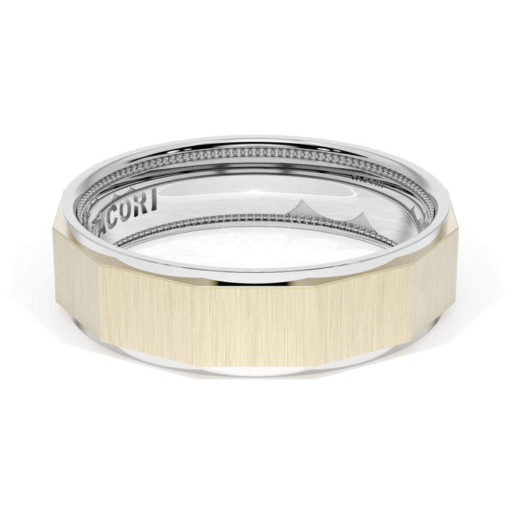 Satin Finish Faceted Wedding Band in 18kt White Gold & 18kt Yellow Gold