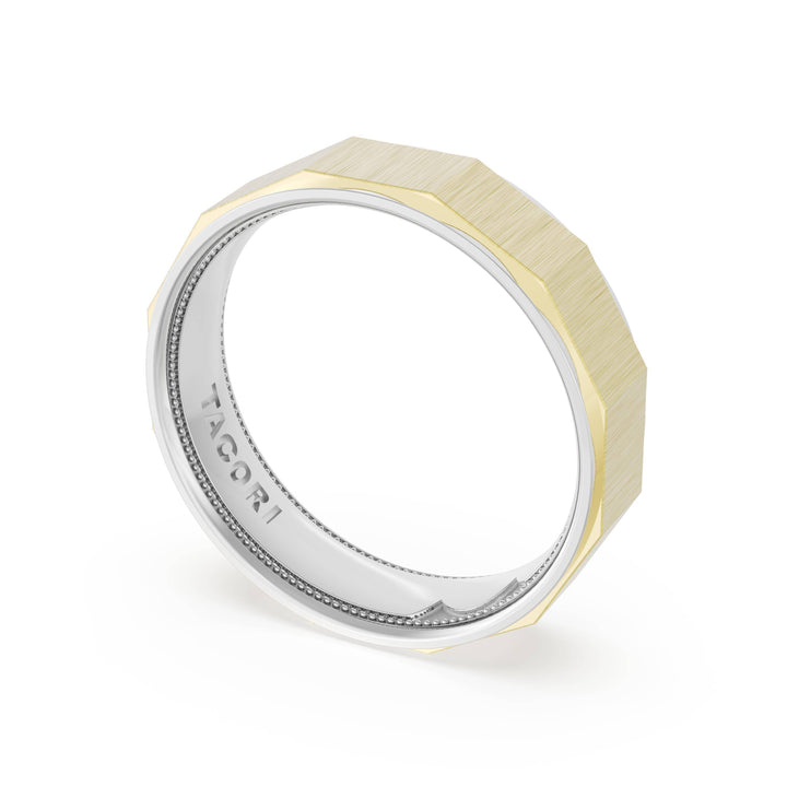 Satin Finish Faceted Wedding Band in 18kt White Gold & 18kt Yellow Gold