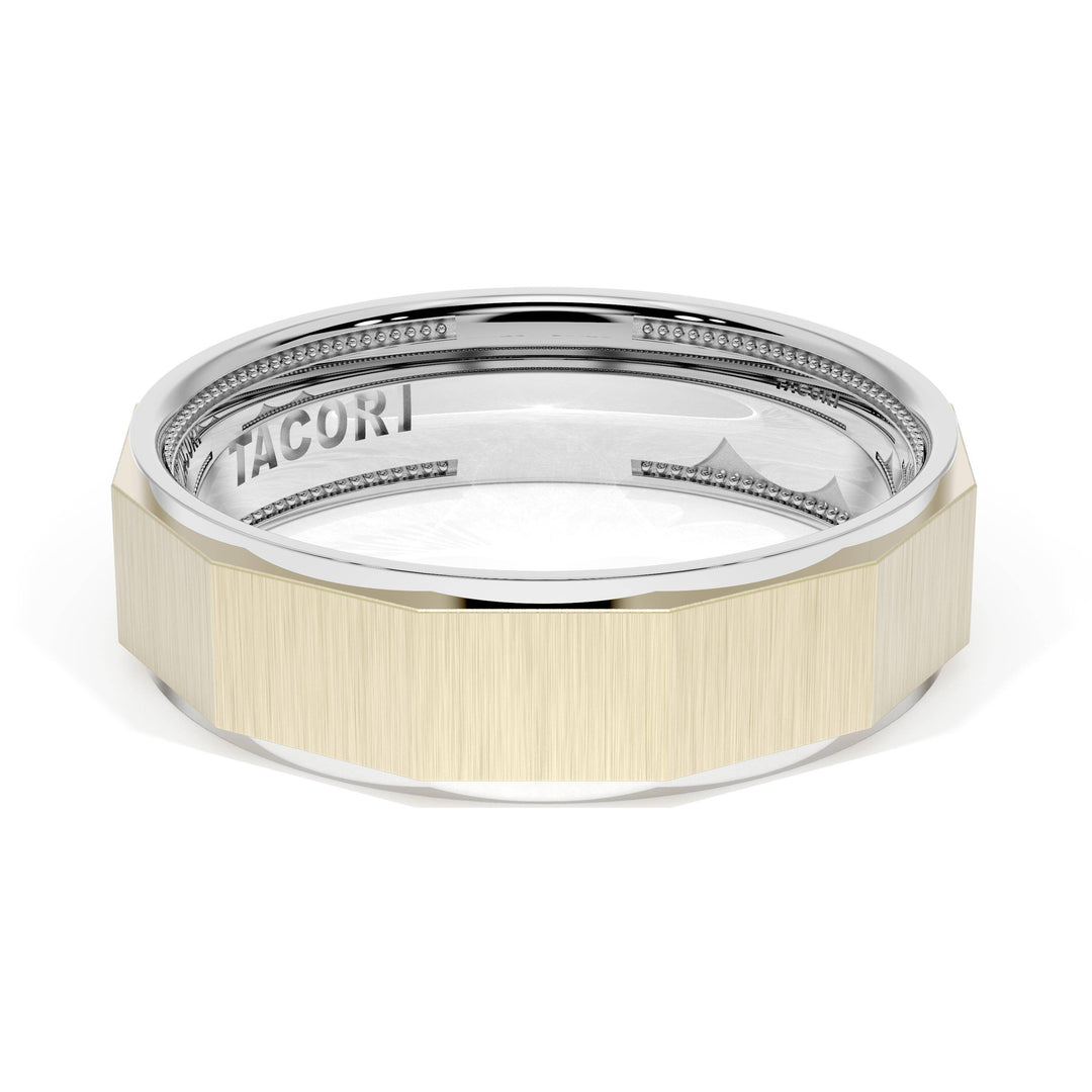 Satin Finish Faceted Wedding Band in 18kt White Gold & 18kt Yellow Gold