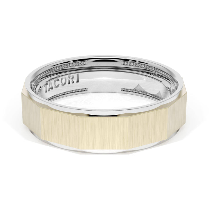 Satin Finish Faceted Wedding Band in 18kt White Gold & 18kt Yellow Gold
