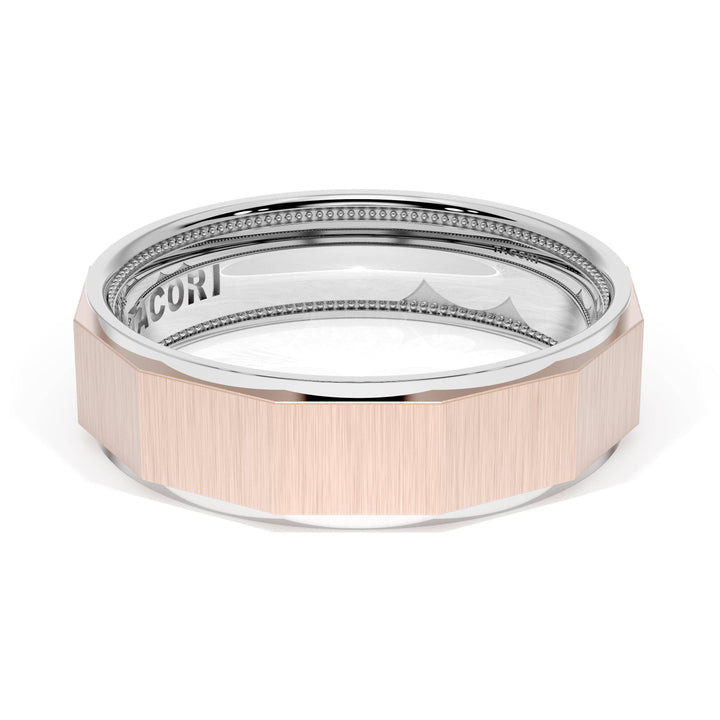 Satin Finish Faceted Wedding Band in 18kt White Gold & 18kt Rose Gold