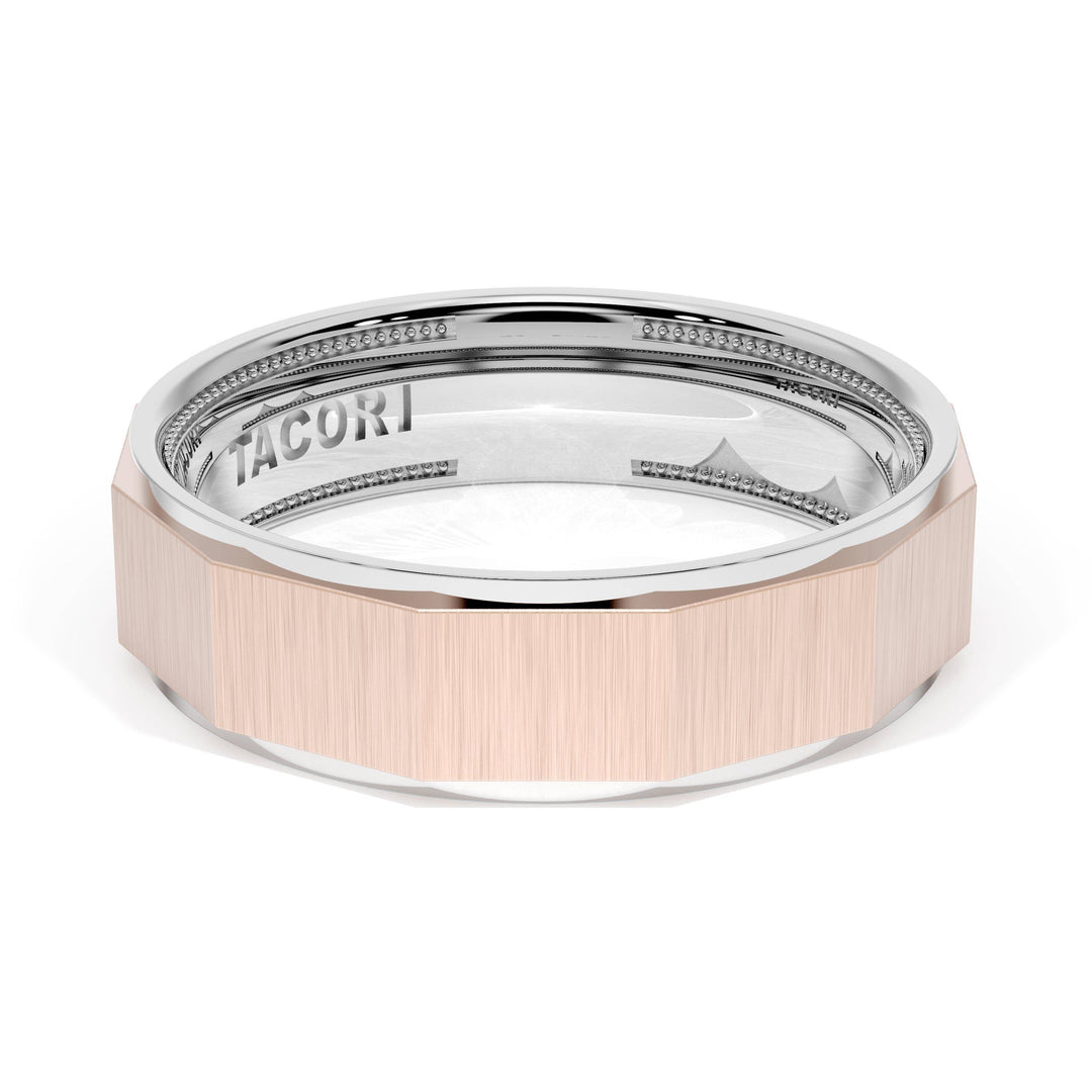 Satin Finish Faceted Wedding Band in 18kt White Gold & 18kt Rose Gold
