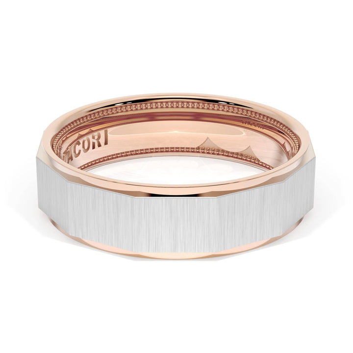 Satin Finish Faceted Wedding Band in 18kt Rose Gold & 18kt White Gold