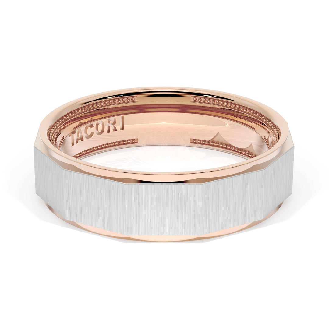 Satin Finish Faceted Wedding Band in 18kt Rose Gold & 18kt White Gold