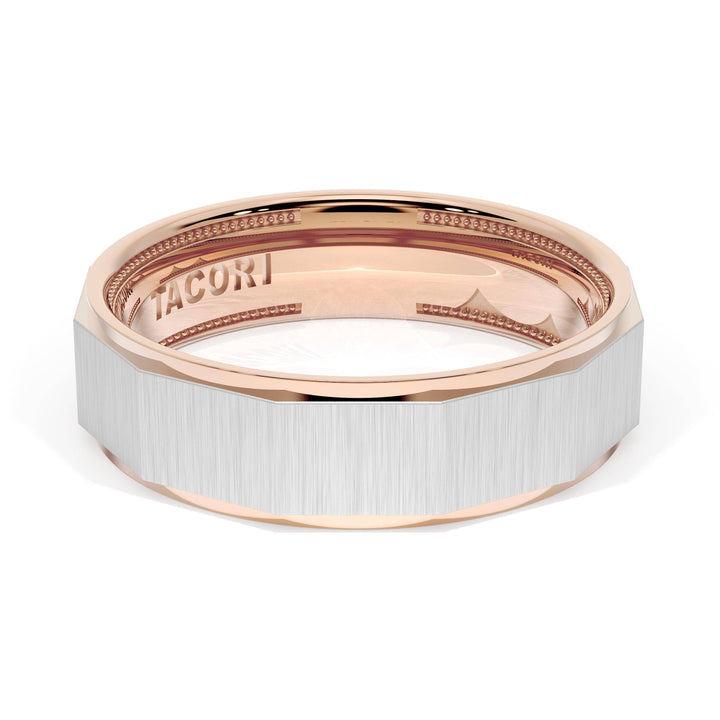 Satin Finish Faceted Wedding Band in 18kt Rose Gold & 18kt White Gold