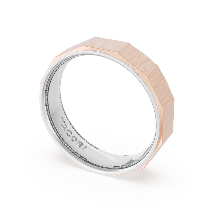 Satin Finish Faceted Wedding Band in Platinum & 18kt Rose Gold