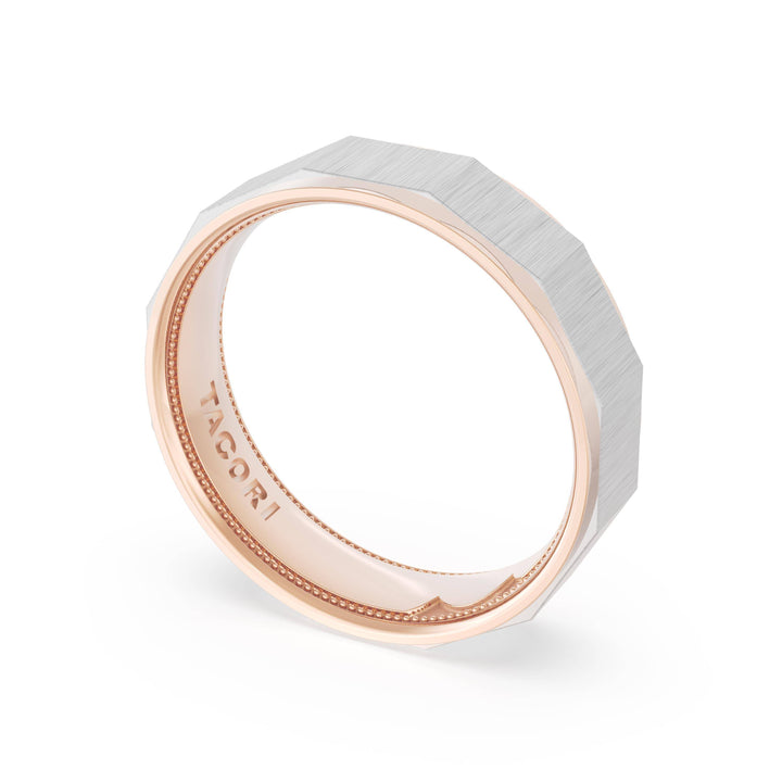 Satin Finish Faceted Wedding Band in 18kt Rose Gold & Platinum